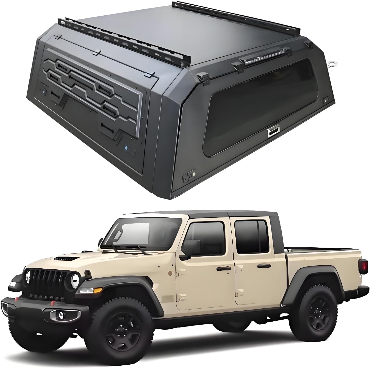 Hynex Jeep Gladiator hard top bed cap detailed features and technical specifications showing manganese steel construction and locking mechanisms